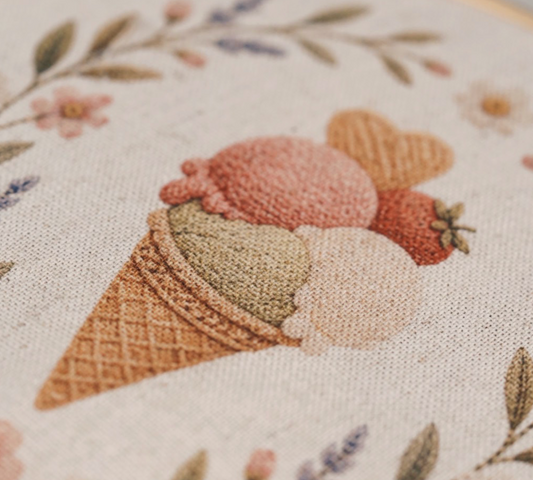 Stickset „Eis in der Waffel“ - Sommerliche Stickvorlage auf Naturleinen mit Holzstickrahmen